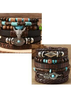 NWT 6pc Boho Leather Bracelet Stack Western Cow Skull Feather Silver Beaded